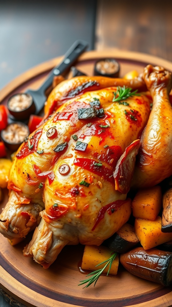 Crispy half chicken cooked in an air fryer, garnished with herbs, on a wooden platter with roasted vegetables.
